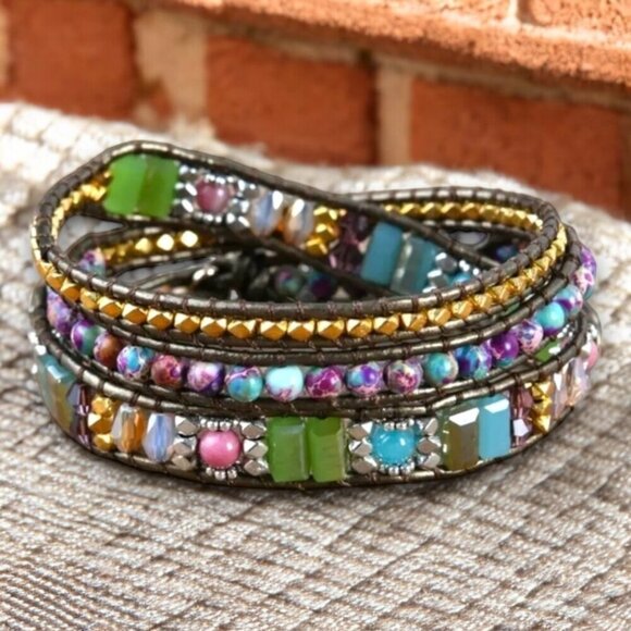 Bohemian Bliss Natural Jasper & Crystal Vegan Leather Handmade Wrapโ Bracelet - Picture 11 of 13